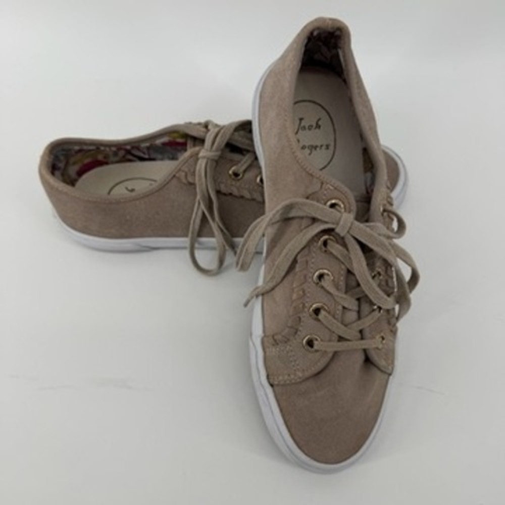 Jack Rogers Womens Taupe Suede Whipstitch Low Top Sneakers Gold Hardware 6.5M
